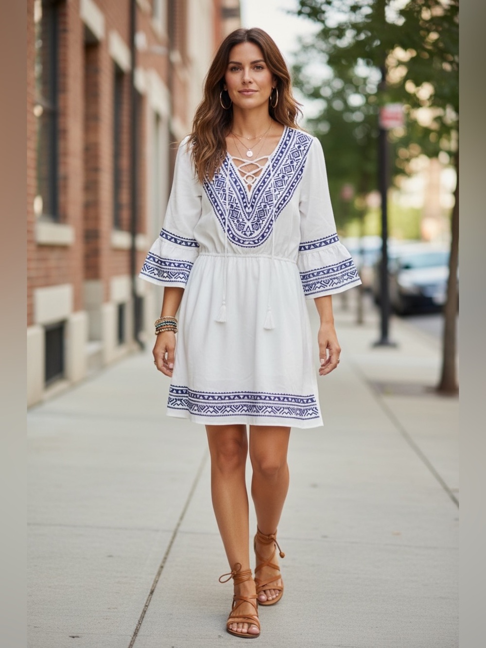Savanna Jane White Boho Dress with Navy Embroidered V-Neck